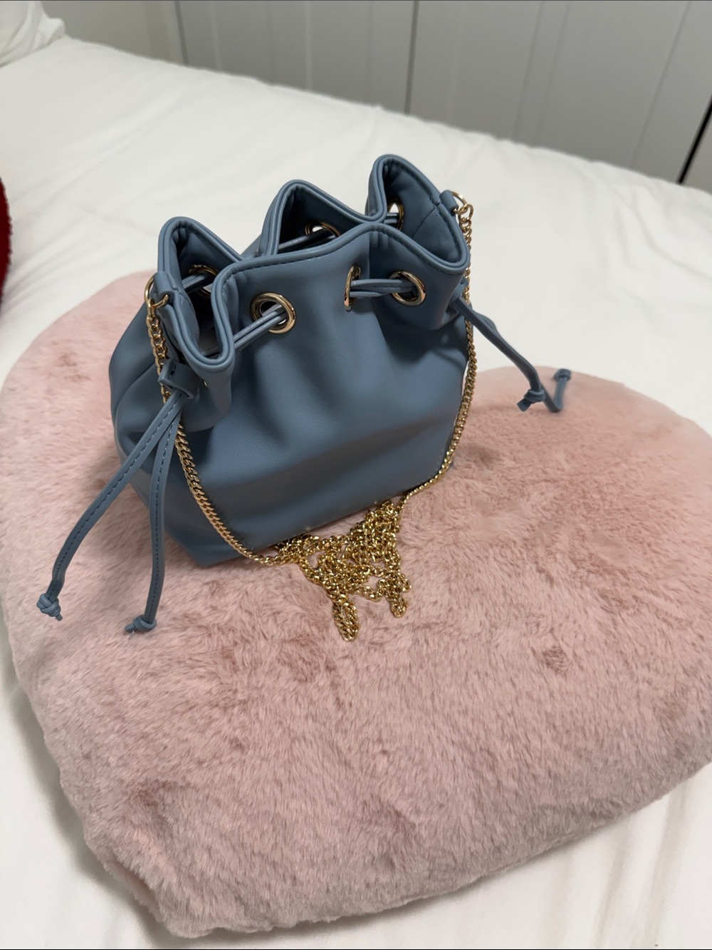 Ann Taylor Small Blue Drawstring Bucket Bag with Gold Chain